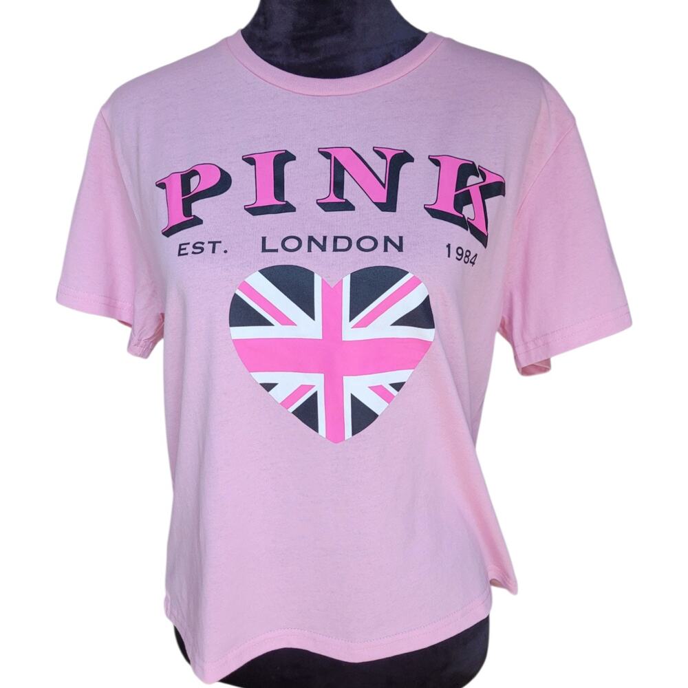 PINK London Graphic T-Shirt Women's L Pink Union Jack Heart England